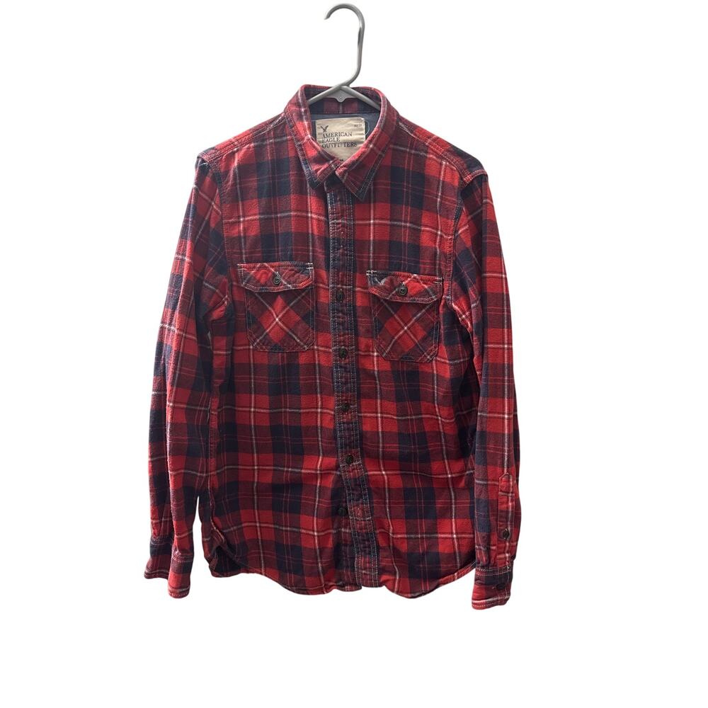 American Eagle Outfitters Mens Medium Red Navy Plaid Flannel Button Down Shirt